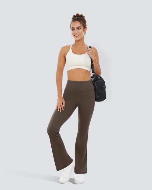AB-Eleven Yoga Pants for Women High Waisted Flare Leggings Bell Bottom Leggings Front Seamless Flared Workout Pants Tummy Control Brown