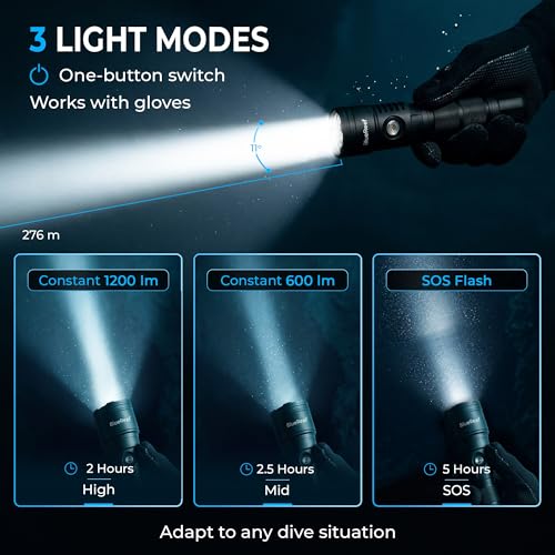 Blue Reef 1200 Lumens Compact Dive Light - USB-C Rechargeable, Waterproof 100m, 5Hr Runtime