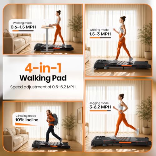 Walking Pad Treadmill for Home with 6.2 MPH Speed & 10% Incline - Black-Orange