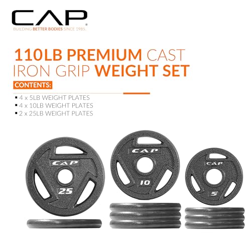 ELITE CAP Barbell 110 lbs Olympic Weight Plate Set - 2-inch Cast Iron Plates