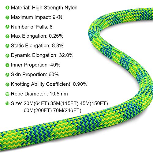X XBEN 10.5mm Dynamic Climbing Rope 35M Green for Rock & Mountaineering