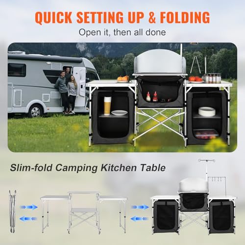 Camping Kitchen Table with Storage & Windscreen - Black, Folding Outdoor Cooking Station with Cupboard