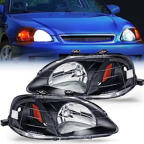 Headlight Assembly for 1999-2000 Honda Civic Driver & Passenger Side Black Housing Amber Reflector