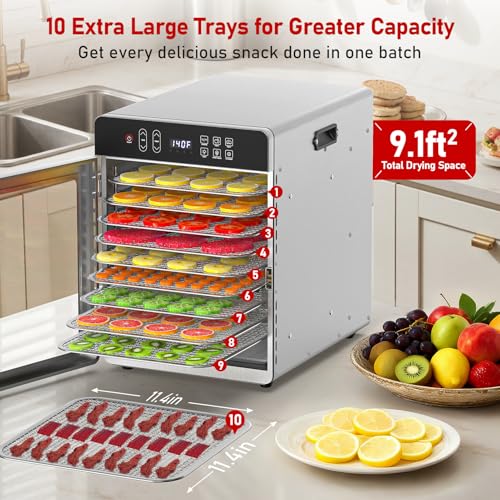 Prenafla Food Dehydrator with 10 Trays - Light Silver, Digital Control for Jerky, Fruit & Pet Treats