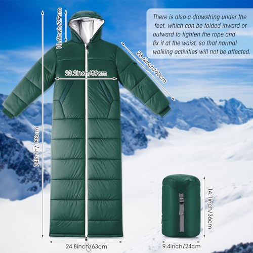 Macarrie Green Wearable Sleeping Bag for Adults with Sleeves - 0°C Insulated Portable Camping Gear