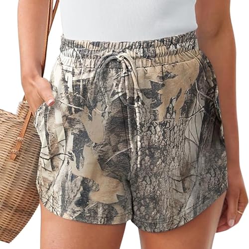 Large Camo Sweat Shorts for Women with Drawstring Waist and Pockets - Maple Leaf Print Lounge Athletic Wear