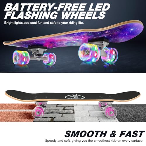 BELEEV Galaxy Purple Complete Skateboard for Kids Teens Adults 31x8in Cruising Trick