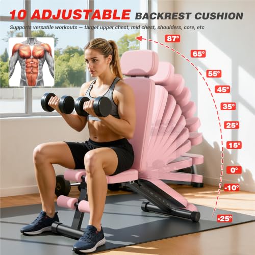 Pink Adjustable Workout Bench with 10 Backrest Angles, Heavy-Duty Steel, 800lbs Capacity, Foldable for Home Gym