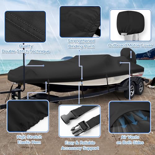 17-19FT Waterproof Boat Cover with Motor Cover - 1200D PU Trailerable, Black