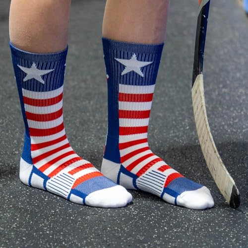 Hockey Socks - Cushioned Mid-Calf Crew - USA Red White Blue, Small - Sports Gear