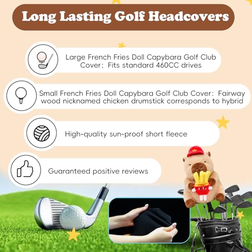 Capybara with Hat and French Fries Doll Golf Club Head Cover, Small Size Fits Hybird and Irons, Large Size Fits Standard 460cc Driver Head, Golf Driver Headcover Funny Plush Animals