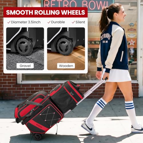 Red 2-Ball Bowling Bag with Wheels and Detachable Tote - Organizing and Transport