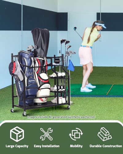 Logicexplore 2 Golf Bag Storage Organizer Rack with Rolling Wheels - Heavy-Duty Metal Garage Golf Gear Holder