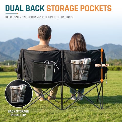 Oversized Padded Double Camping Chair - Black, Folding Outdoor Loveseat