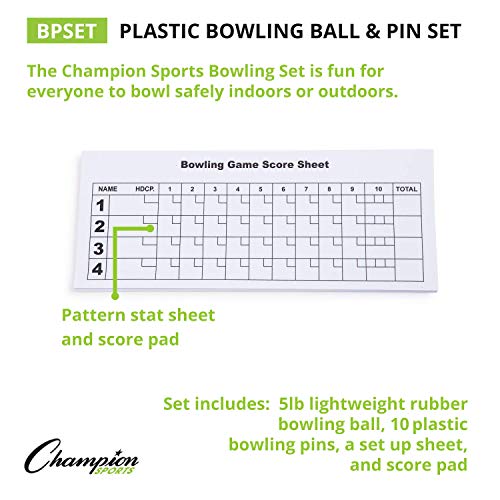 Champion Sports 10 Pin Plastic Bowling Set with Ball - White, 15-Inch