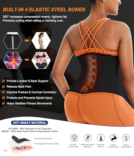 TrainingGirl Waist Trainer for Women Working Out Sweat Belly Band - Black & Silver, Medium