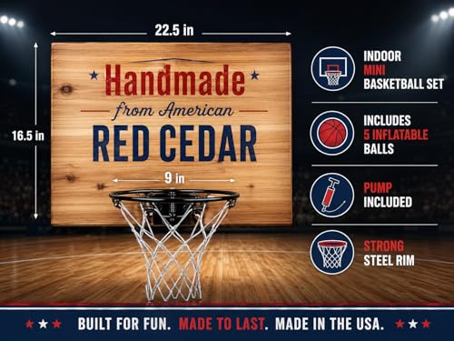 CALI KIWI PROS Elite Mini Basketball Hoop & Ball Set with Natural/Black Rim, Wall Mount, Indoor, Cedar Backboard, Includes 9” Hoop & 5 Mini Balls