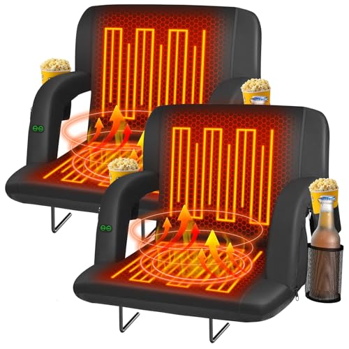 Seeutek Black Heated Stadium Seat with Back Support, 21-Inch, 2-Pack, Portable & Foldable