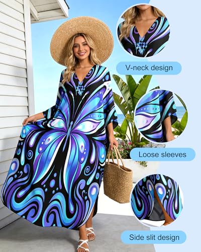 Purple Plus Size Kaftan Dress for Women V-Neck Beach Cover Up Batwing Sleeves