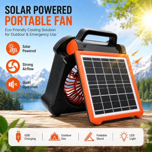 Portable Solar Powered Fan with Rechargeable Battery & LED Light - Black & Orange