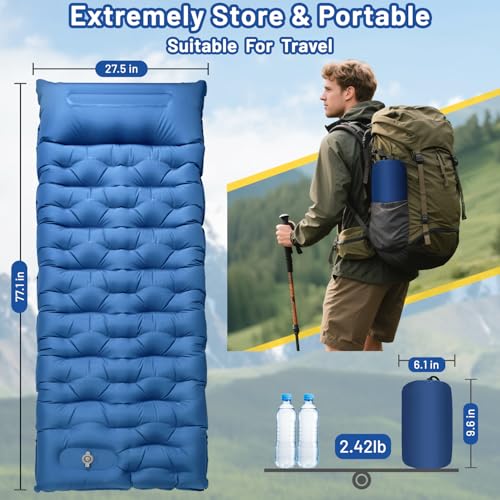 Extra Thick 6-Inch Camping Sleeping Pad with Built-In Pump - Blue & Gray