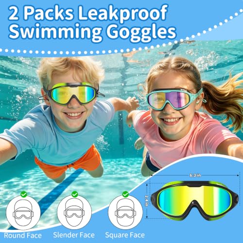 Kids Swim Goggles 2 Pack Cyan Black and Green Black Anti-Fog UV Wide View Pool Goggles for Boys & Girls