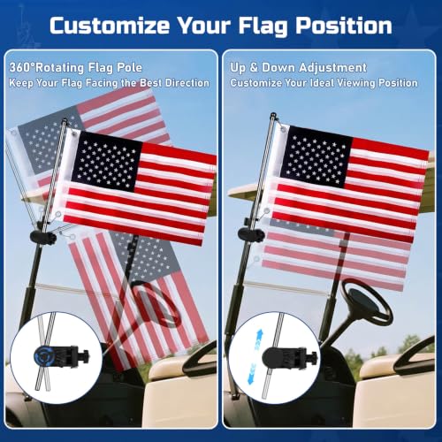 Golf Cart Flag Holder Mount Kit with USA Flag - 15.7 Inch Flag Pole 2 Pack
