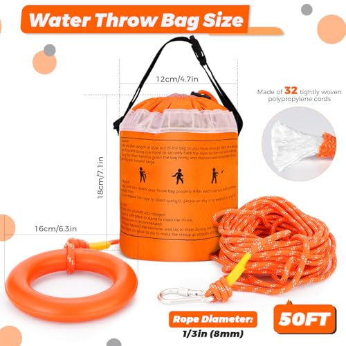 Water Rescue Throw Line Bag 50FT Reflective Rope Emergency Kayak Canoe Safety Gear