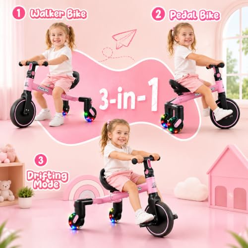 Ridego 3-in-1 Toddler Tricycle Pink for Ages 2-5 with Drift & Walker Modes