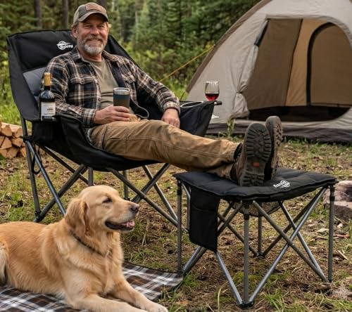 All Black Bolosy Oversized Camping Stool with Removable Padded Footrest - Supports 300lbs
