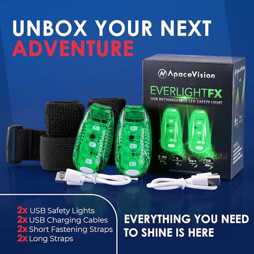 Green USB Rechargeable LED Safety Light 2 Pack - Clip On Strobe & Flashing Modes