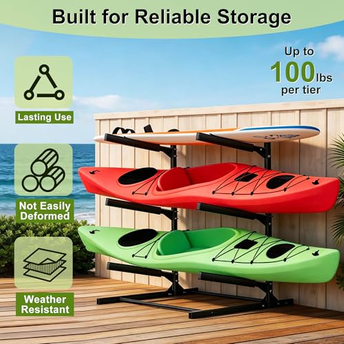 3-Tier Kayak Storage Rack Garage Stand Supports 300 lbs Black Steel