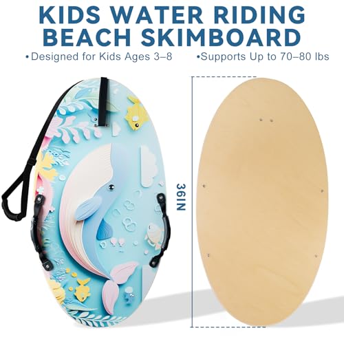 ELDGREON Whale Ocean Wooden Skimboard for Kids with Handles & Tow Rope - Beach & Shallow Water Toy