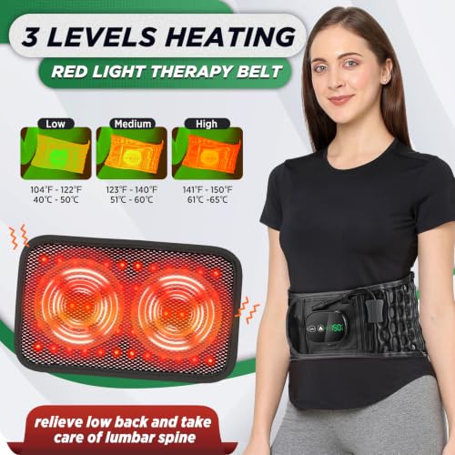 Decompression Back Belt with Red Light Heating and Massage - Black, Inflatable Lumbar Support for Spine Relief