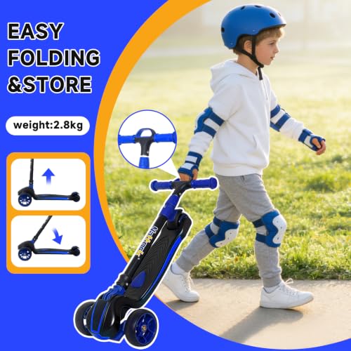 Nattork Kids Blue Scooter for Ages 3-8, 4-Height Adjustable, Light-Up 3-Wheels, Foldable, Lean-to-Steer, 120LB Capacity