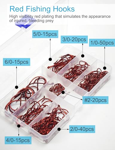 Red Offset Octopus Fishing Hooks - High Carbon Steel Circle Hooks for Saltwater & Freshwater - 175pcs