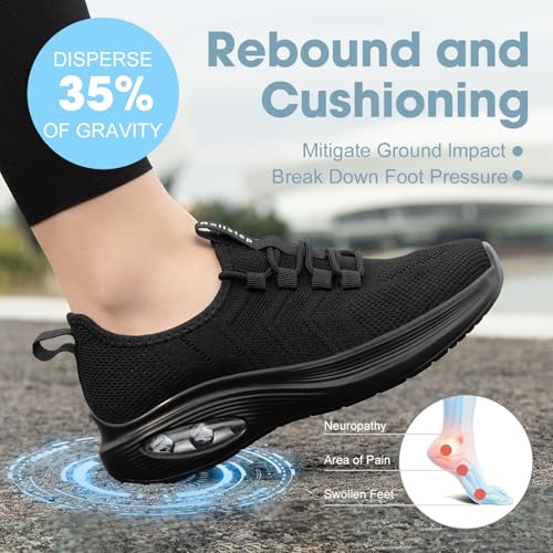 Wide Toe Box Shoes Women Extra Wide Sneakers Air Cushion Running & Walking Shoes - All Black 8-8.5 Wide