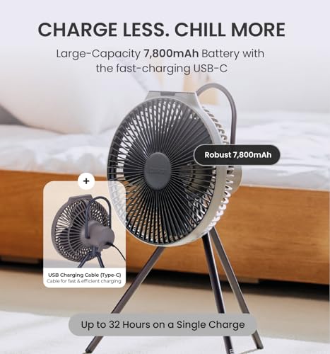 Rechargeable Portable Fan V600+ Warm Gray with 7800mAh Battery, 4-Speed, USB-C, Tripod Mount, Quiet Indoor & Outdoor Use