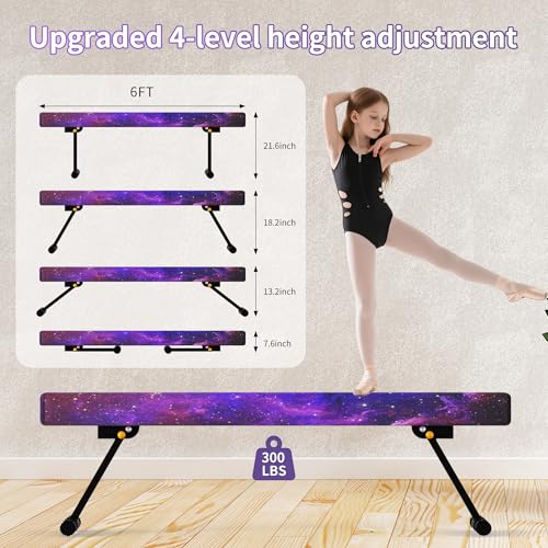 Starry Pink 6FT Gymnastics Balance Beam for Kids, Adjustable Height Training