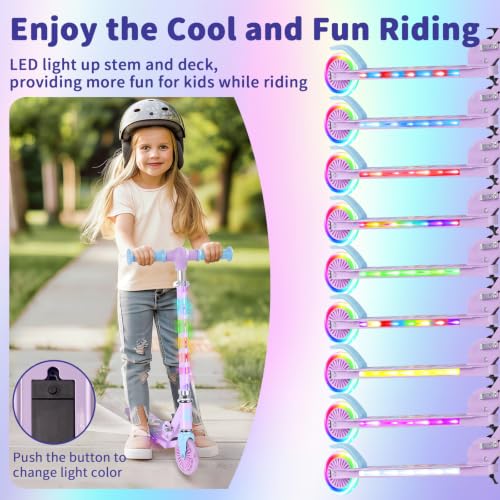 Purple Kids Light-Up 2-Wheel Folding Scooter with Adjustable Height, Lightweight & Portable