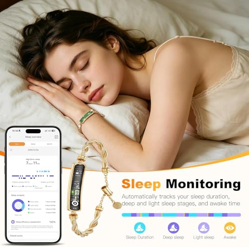 MUSINOTE Light Green Floral Gold Emerald 2-in-1 Crystal Smart Bracelet for Women with Heart Rate & Sleep Tracking