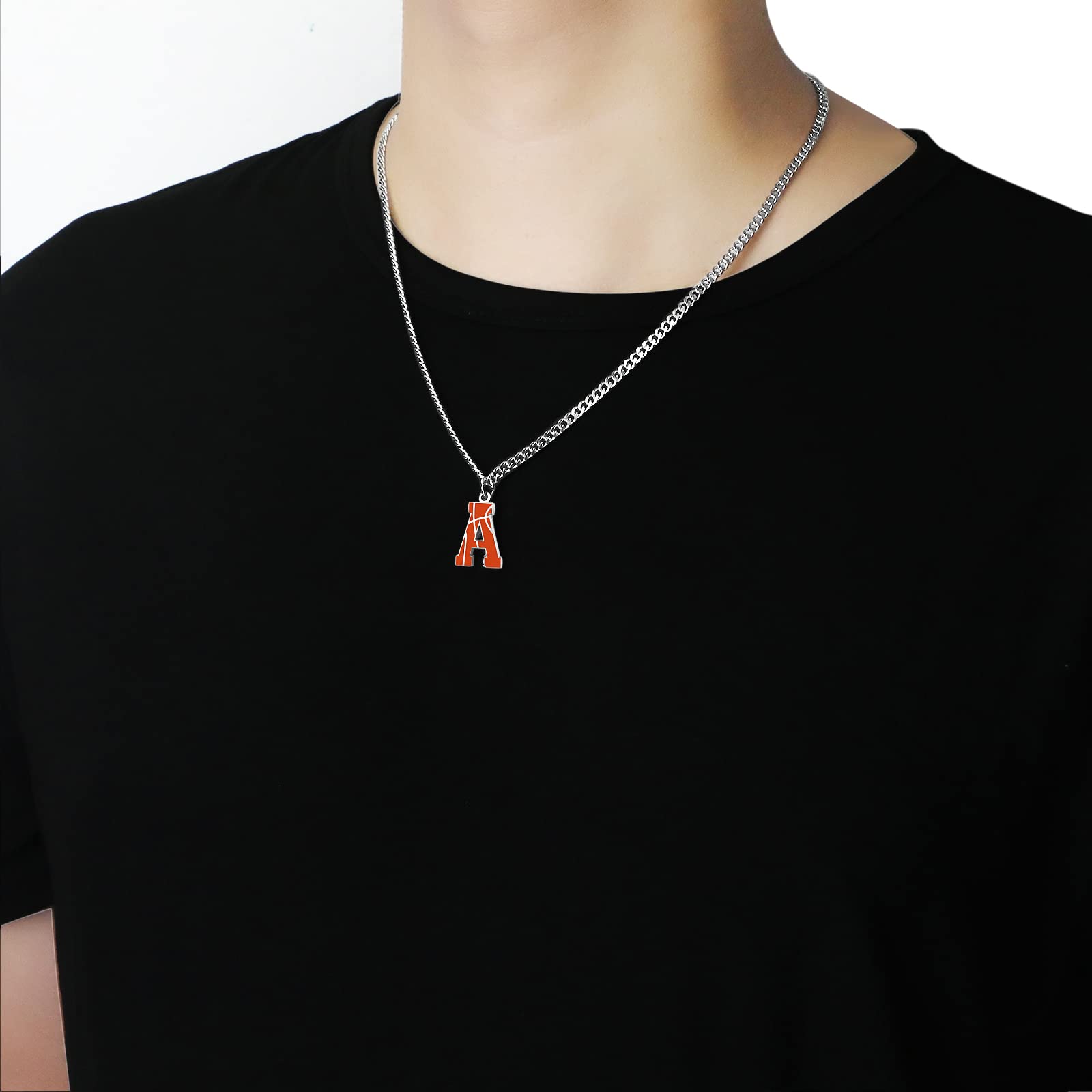 AIAINAGI Basketball Initial A-Z Letter Necklace for Men Basketball Charm Pendant Stainless Steel Silver Chain 22 inch Personalized Gift for Men(J)