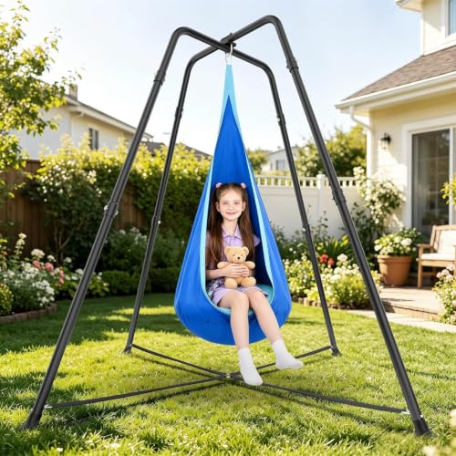 COZEER Blue Color-Block Sensory Swing with Stand for Kids & Adults, 330 lbs