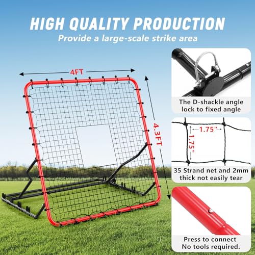 Red 4x4.5FT Baseball Rebounder Net with Adjustable Angles and Bungee Cords