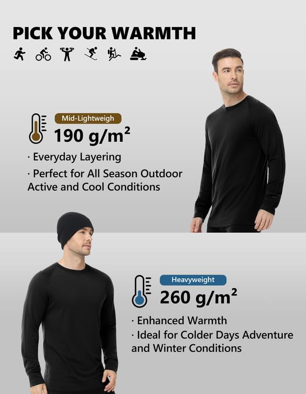Woolcano Men's Merino Wool Base Layer Set Small Black - Lightweight Ski Base Layer