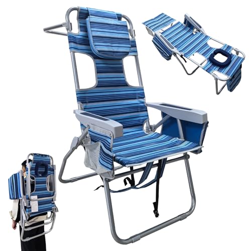 WKFAMOUT 16" Navy Portable Beach Chair with Face Hole & Cooler, Heavy Duty Folding Lounge Seat for Adults