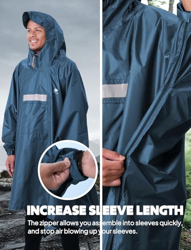 ANYOO Waterproof Hooded Rain Poncho for Adults with Zipper - Blue