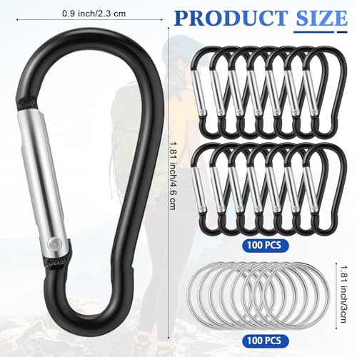 Black Aluminum Keychain Clips with Keyrings Bulk 100 Pcs for Camping Hiking Outdoor