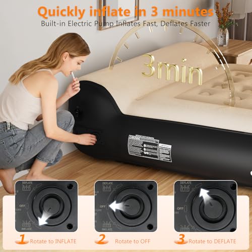Black Queen Air Mattress with Built-in Pump, 16-Inch Inflatable Bed for Camping & Guests