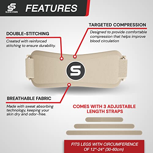 Patellar Tendon Support Strap for Osgood Schlatter Knee Pain - Adults Beige, 3 Adjustable Lengths - Sleeve Stars